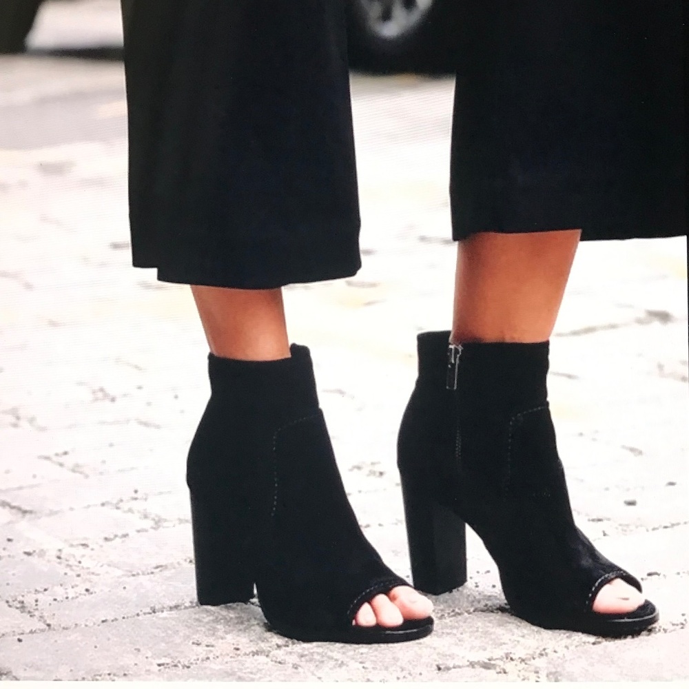 FRYE Suede Heeled Boots Black Gabby Peep Toe Bootie Heels Women’s Size 9.5